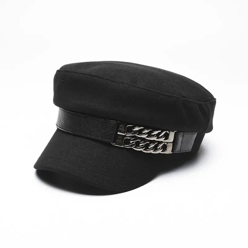 Black Women's Beret Hat w/ Chain Decorated Peaked Cap Newspaper Hat Vintage