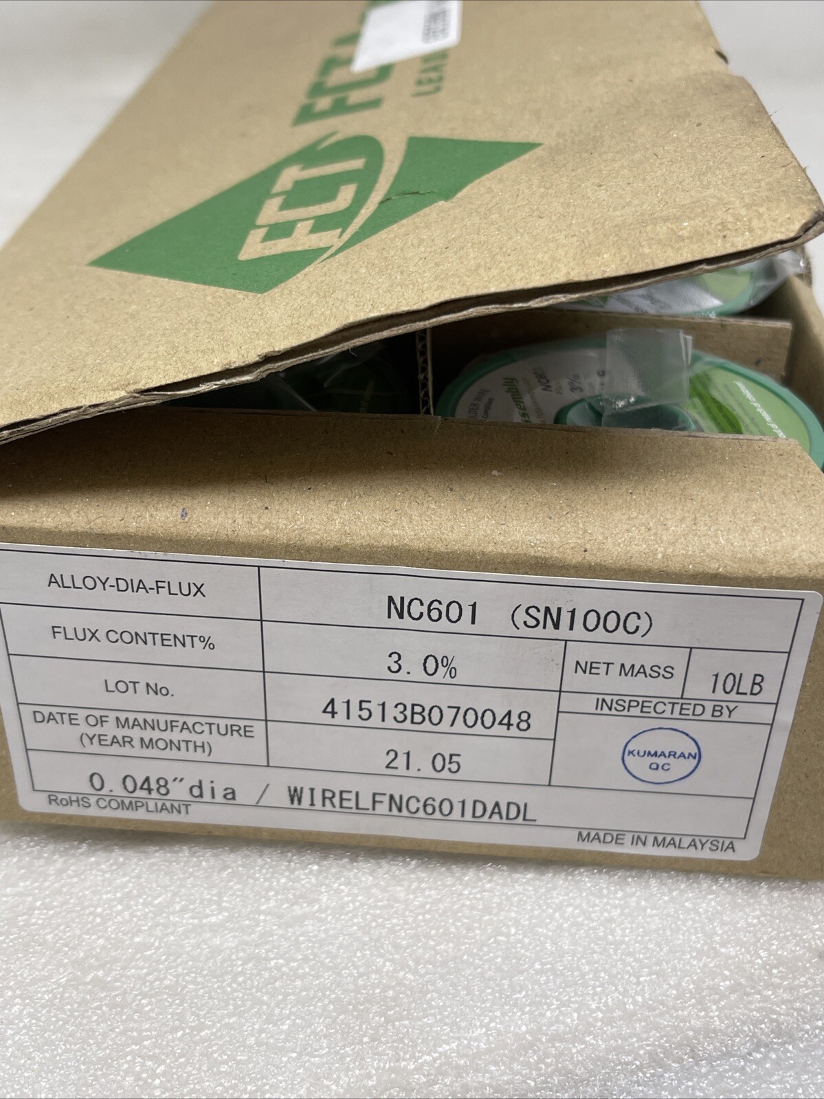 SN100C NC601 Lead Free Solder Wire, .048", 3% Flux, FCT, 10 Lbs (1 Lb Spools)