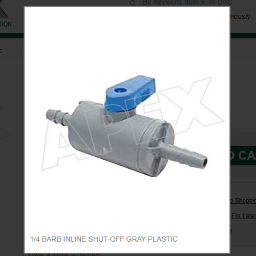 1/4 BARB INLINE SHUT-OFF GRAY PLASTIC # 3998290