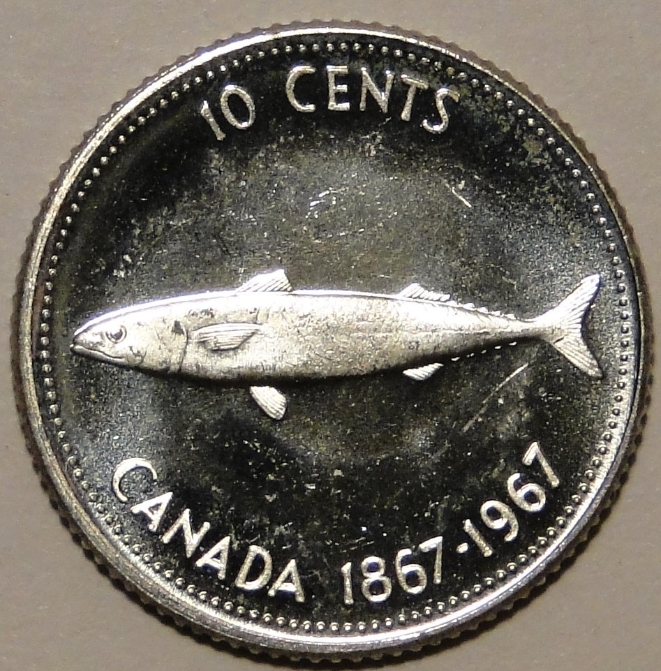 BU UNC Canada 1967 silver dime fish 10 cent 10c from bank roll heavy cameo