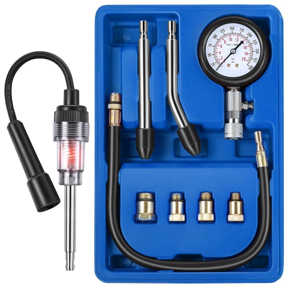 9-Piece Automotive Compression Tester Kit with Spark Plug Tester - Universal Use