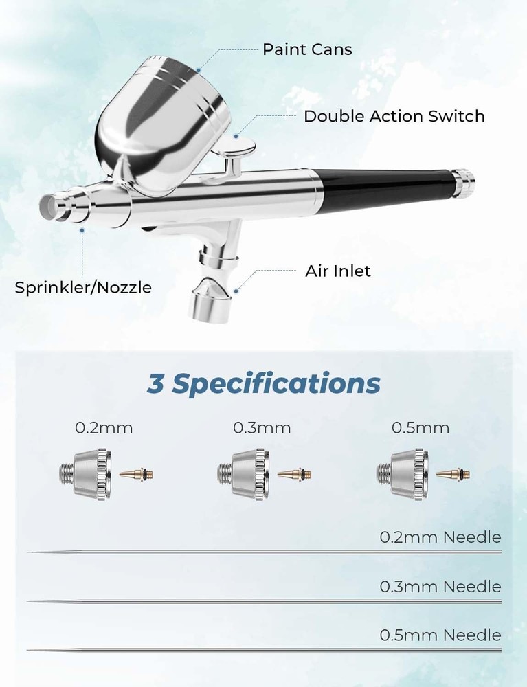 Efficient Airbrush Kit with Compressor, Three Nozzle Sizes, Lightweight Design