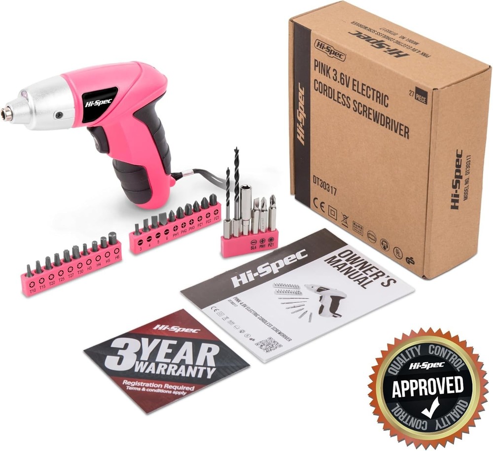 Electric Screwdriver Kit Pink Rechargeable Compact Light Duty Home Use