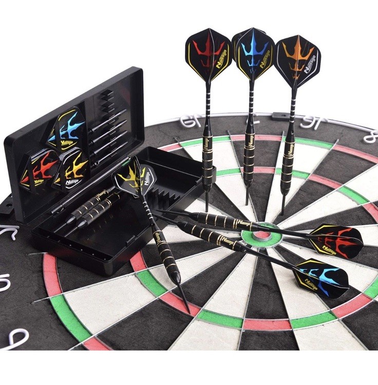 6 Piece 2 Color Steel Tip Dart Set, Case, Sharpener, Key
