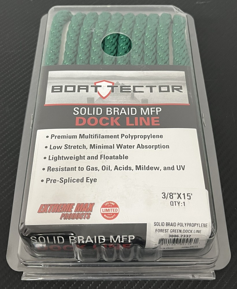 Extreme Max BoatTector Solid Braid MFP Dock Line 3/8"x15', Green Rope - NEW!