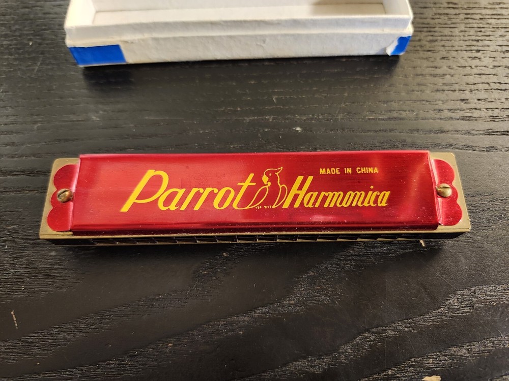 Vintage Parrot 16 Hole Red Harmonica with Box