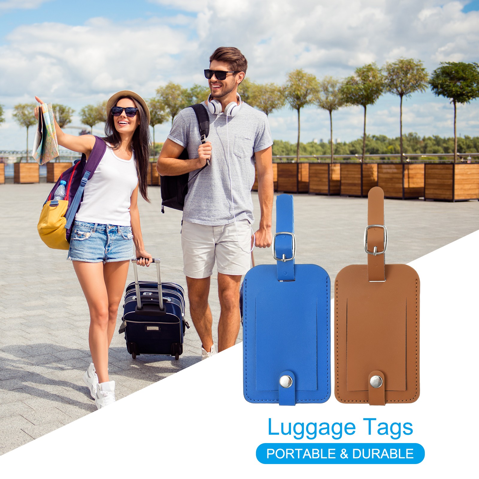 4 Pack Luggage Bag Tags PU Leather Suitcase Name Tags Travel ID Label Black