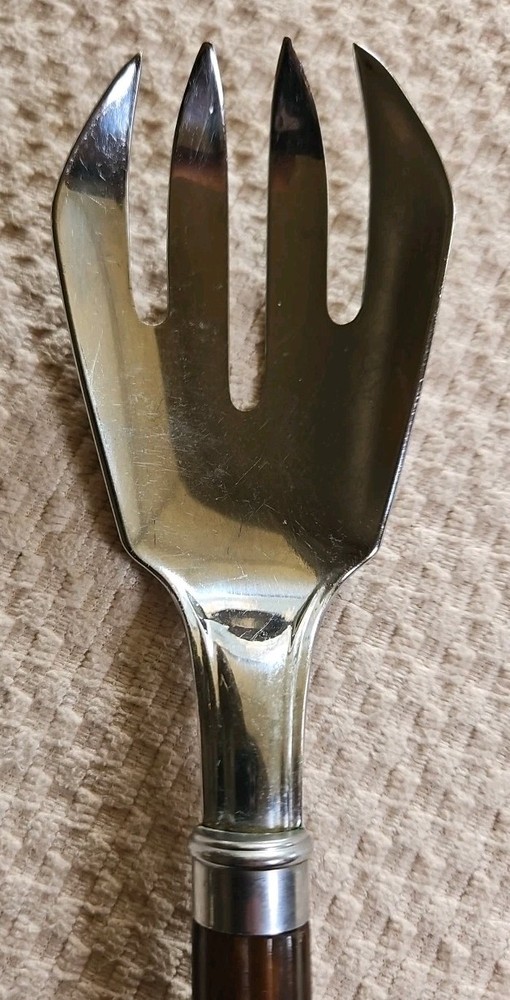 Vntage Bakelite Salad Server Fork Signed Chase Brown Ribbed Bakelite Handle 10"