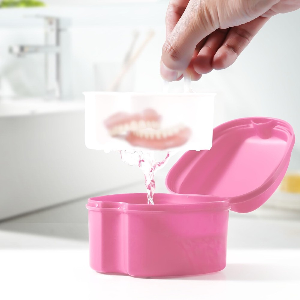 JMU Denture Bath Case, Cup for Soaking Dentures with Small, Pink