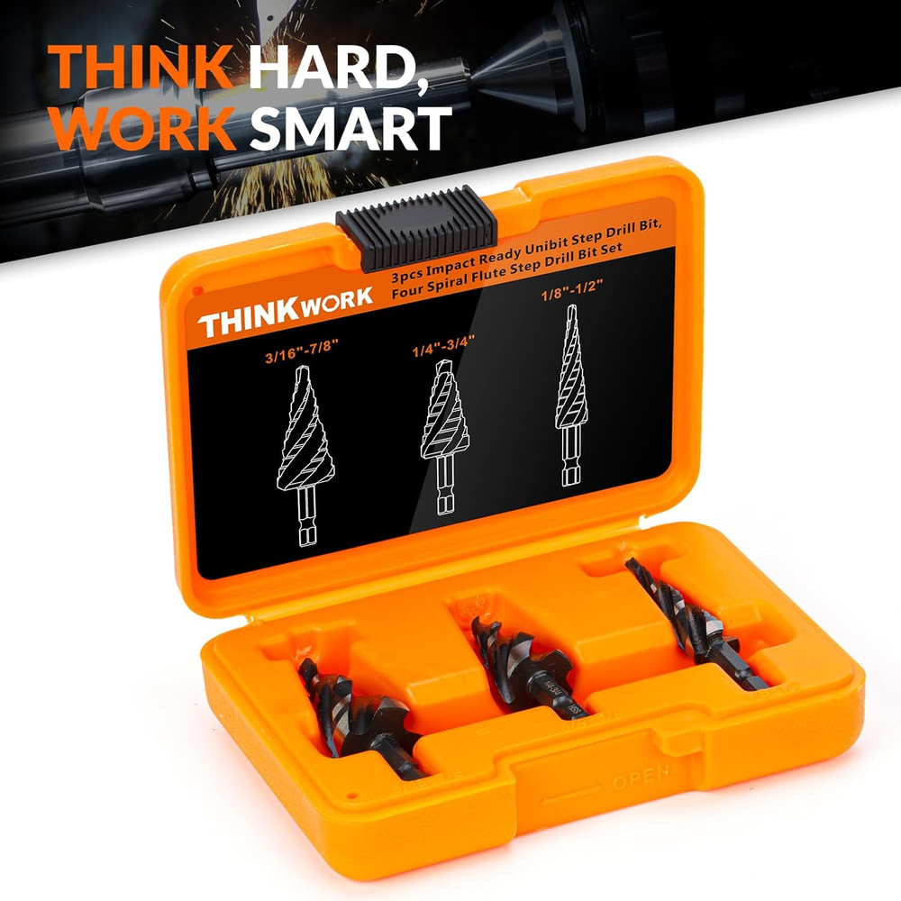 THINKWORK Four Spiral Flute Step Drill Bit Set, 3 Pcs HSS Step Drill Bits (1/8"-