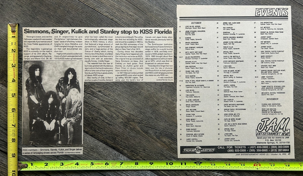 KISS Concert Clipping Revenge Tour FL Daytona Tampa Miami 1992 Lot Vintage Kiss