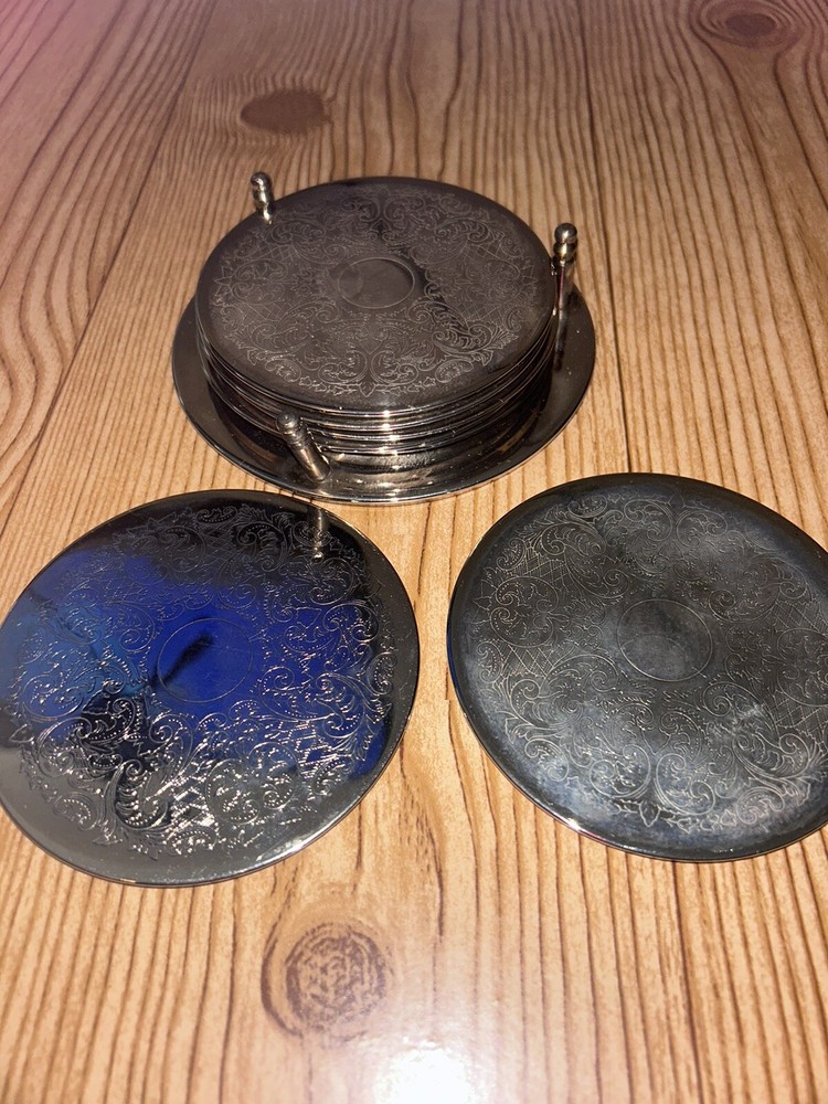 7 Piece Vintage Silver Plated Coaster Set - 6 Coasters 1 Caddy