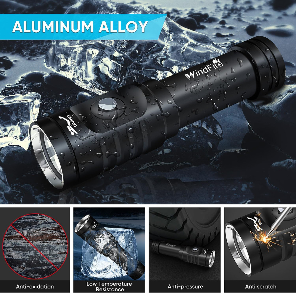WINDFIRE Dive Light Scuba Diving Flashlight Dive Torch Rechargeable, 3 Modes Und