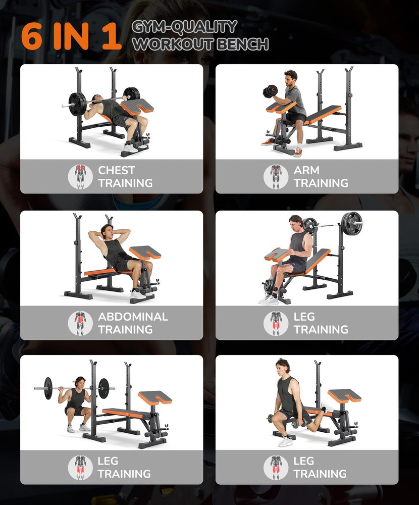 Multi-Function 6 in 1 Weight Bench Set - Leg Press, Preacher Curl Orange
