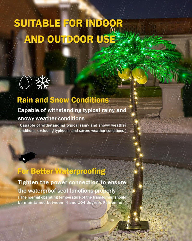 5Ft Lighted Palm Tree with Glowing Coconuts - Dimmable, UL Certified, Waterproof