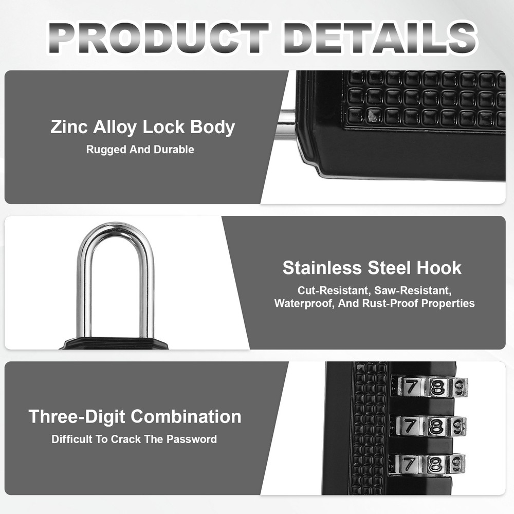 Combination Padlock (Small, Black)(2 Pcs), 3-Digit Shackle Code Locks