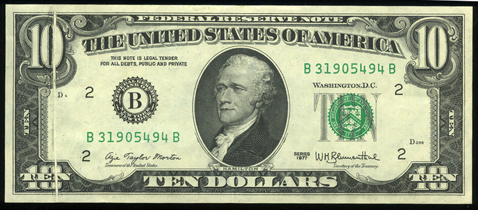 $10.00 1977 FRN Gutter Error Front and Reverse Almost Uncirculated  **LOOK**