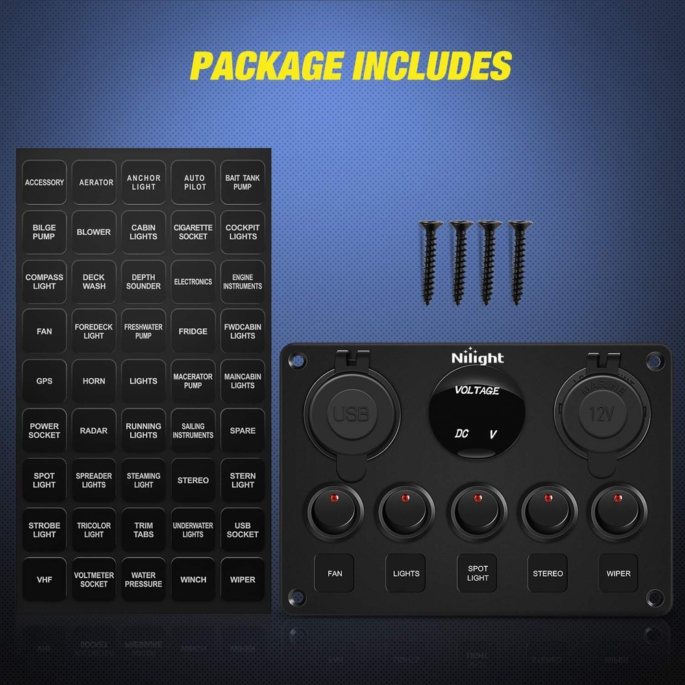 Nilight 5 Gang Multi Function Rocker Switch Backlit Dual USB Charger, Red