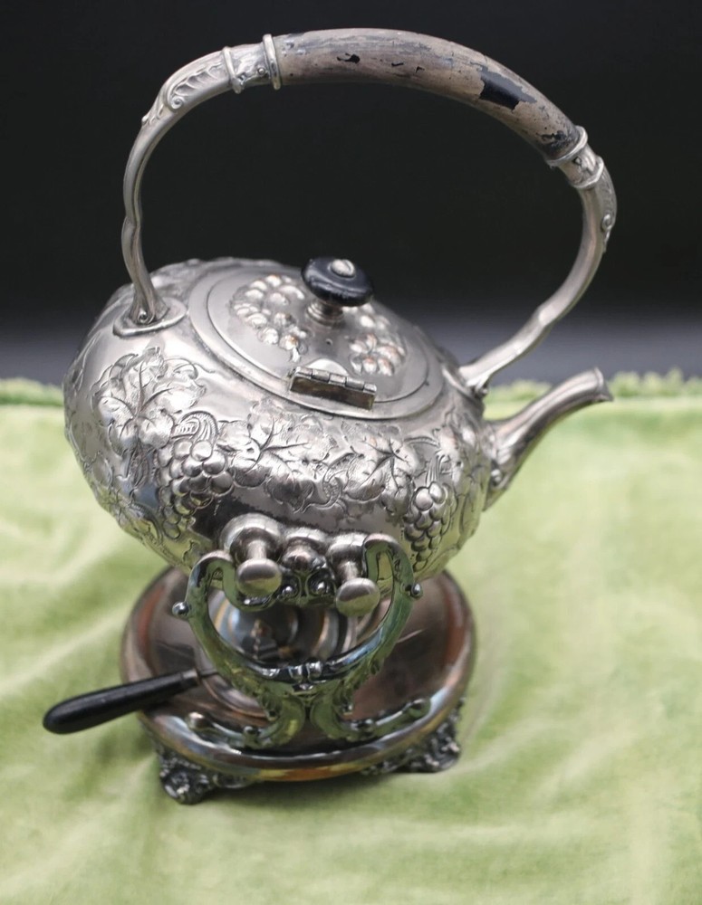 Antique Silver Plate Tilting Tea Pot Kettle grapes + Stand Europe hallmark MBEP