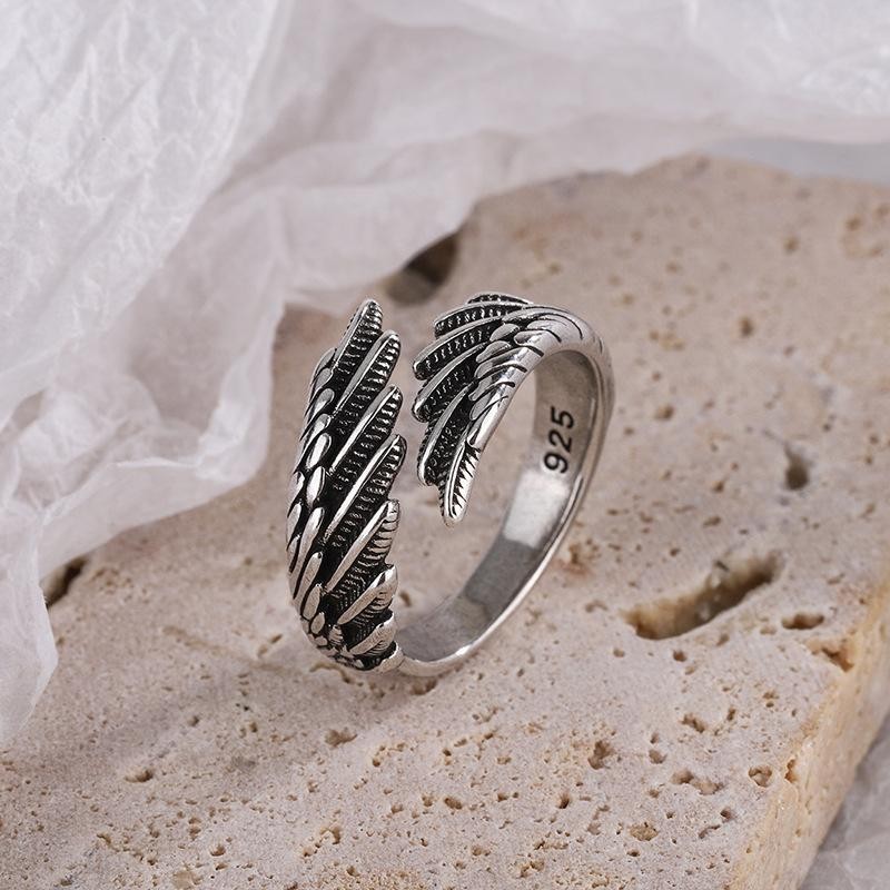 925 Sterling Silver Angel Wing Feather Adjustable Ring Luxury Wedding Jewelry