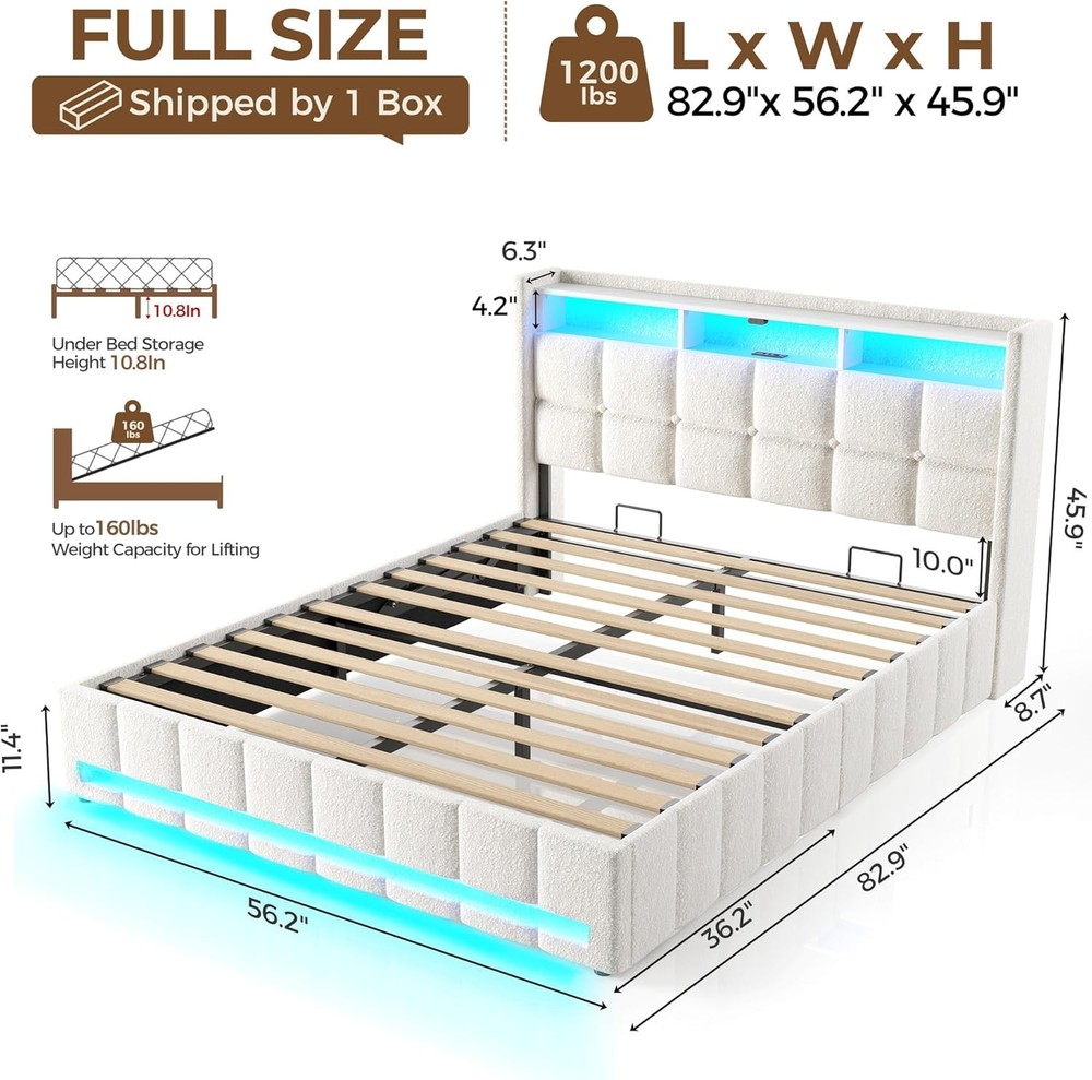Full Bed Frame with Lift Up Storage Charging Station