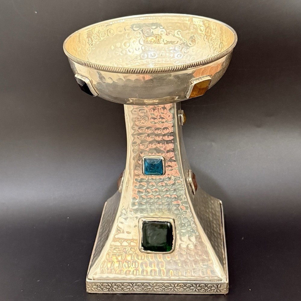 Vintage Hammered Silver Plated Bejeweled Cabochon Decorative 8” Candle Holder