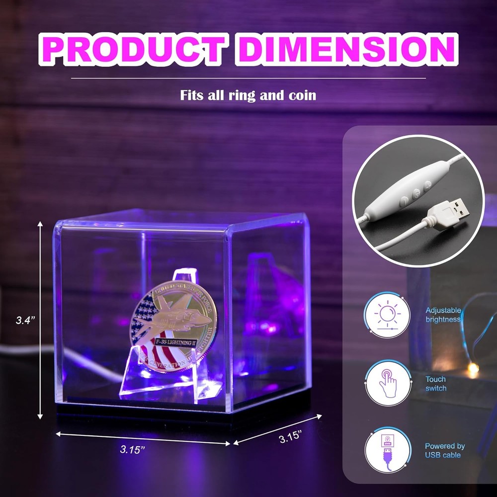 Championship Ring Display Case with Led Light, UV-Protected Clear