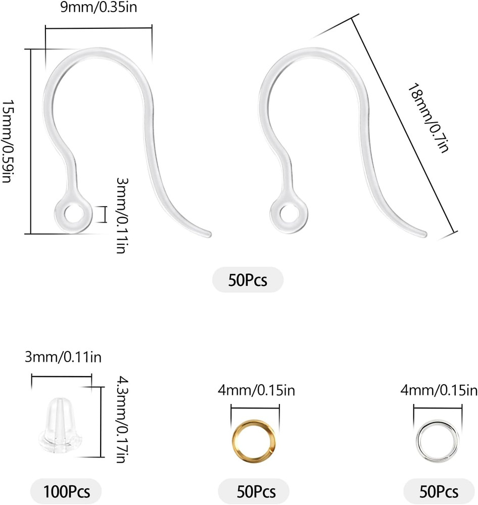 50Pcs Clear Plastic Earring Hooks - Non-Allergenic for Sensitive Ears, Compon...