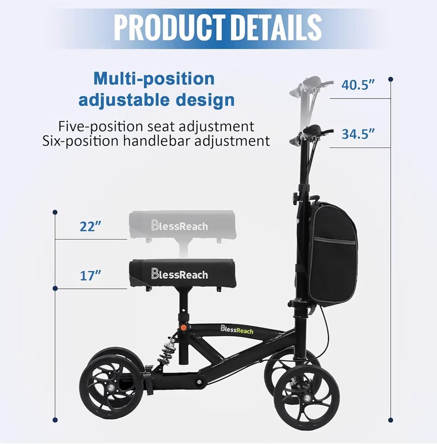 BlessReach Knee Scooter Walker, Model WB-2202 Steerable & Foldable - Black