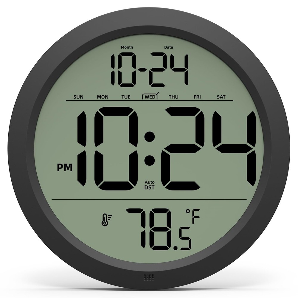 Digital Wall Clock with Date, Indoor Temperature, Auto-DST, Battery-Operated ...