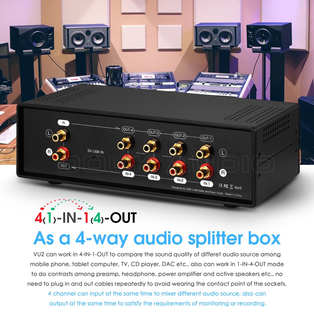 4-Way Analog VU Meter DB Panel Audio Switcher Sound Level Indicator Splitter Box