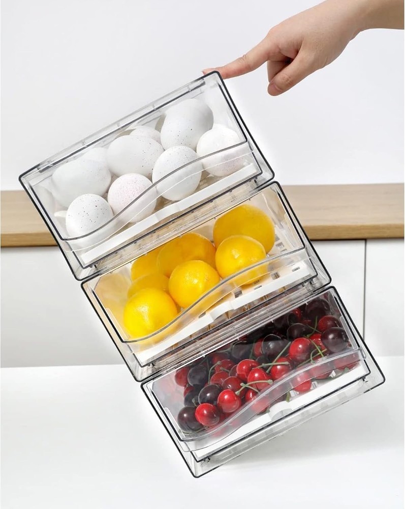 Transparent Food Storage Containers - Stackable Fridge Organizers with 2 Drawers