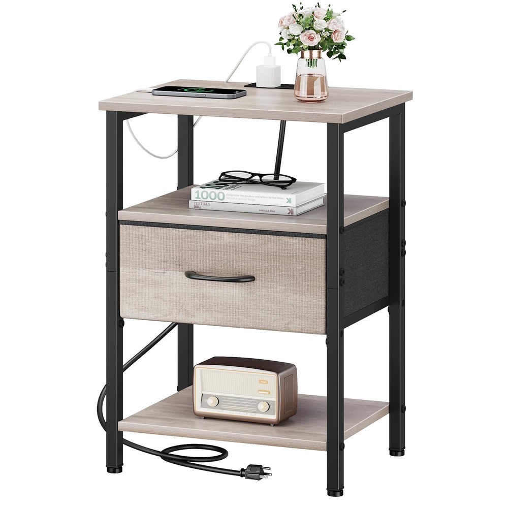 Nightstand with Charging Station, Side Table with Adjustable Drawer, End Tabl...