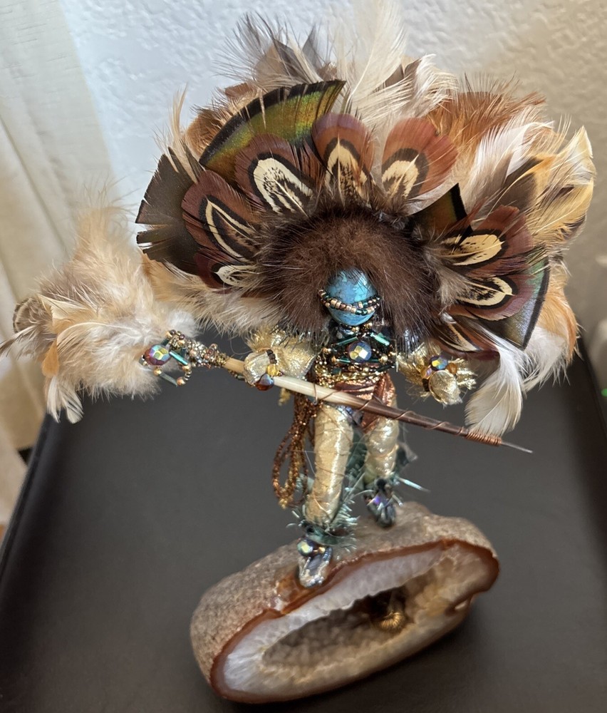 DESERT DANCER Geode ~ Native American Figurine ~ Feathers-Turquoise-Spear-Beads