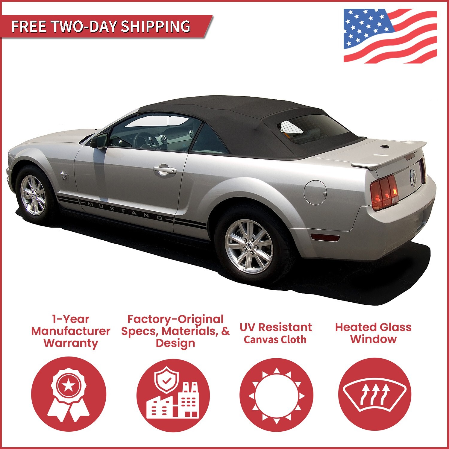 2005-14 Ford Mustang Convertible Soft Top w/ DOT Approved Heated Glass, BURGUNDY