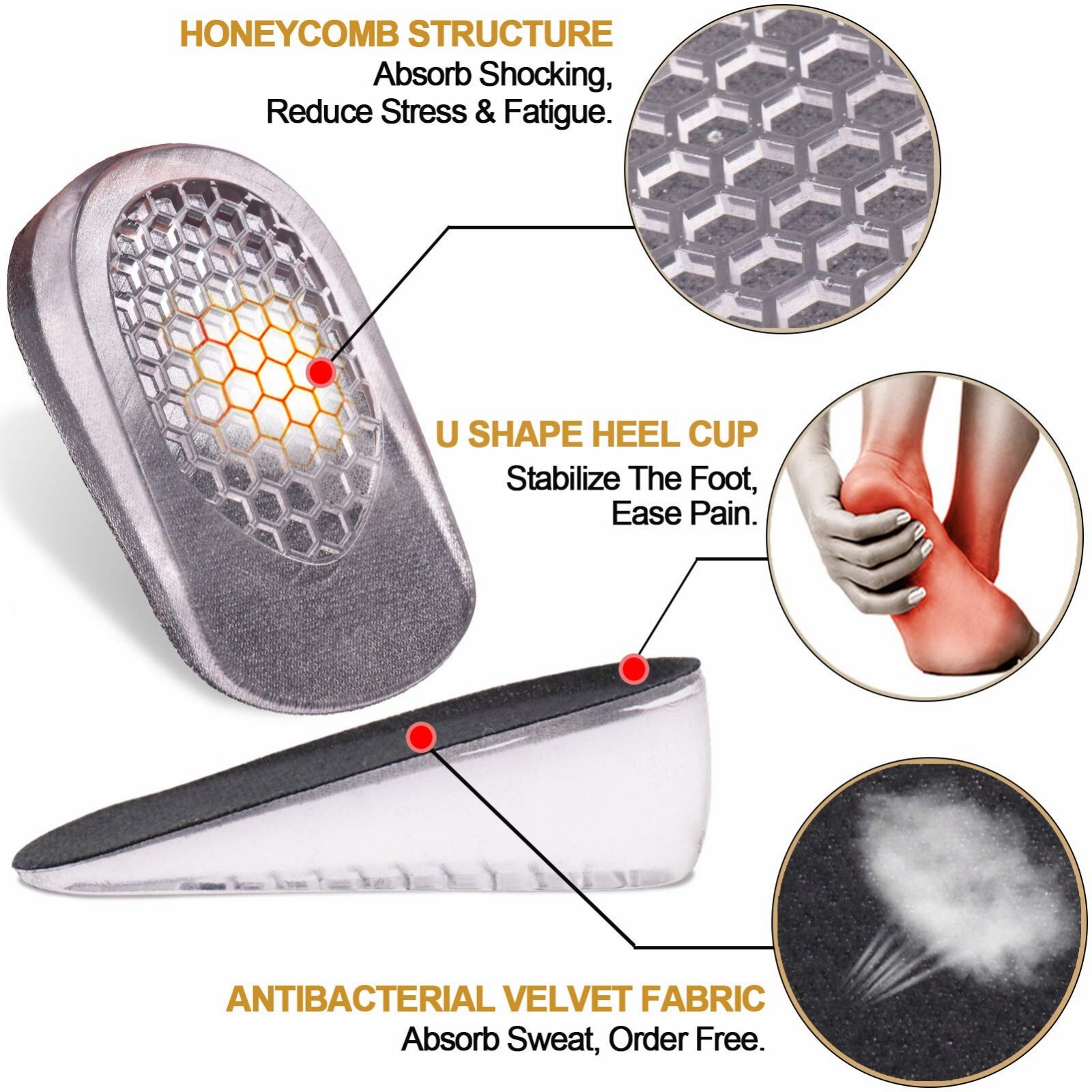 Gel Height Increase Insoles Invisible Silicone Shoe Lifts Inserts Fr Men & Women