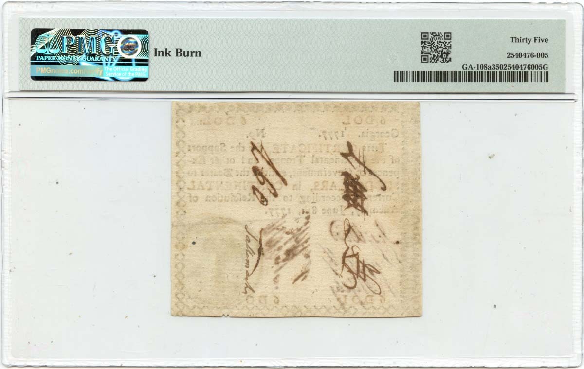 1777 June 8, $6 Georgia Colonial Note FR#GA-108a PMG VF35 16 Known
