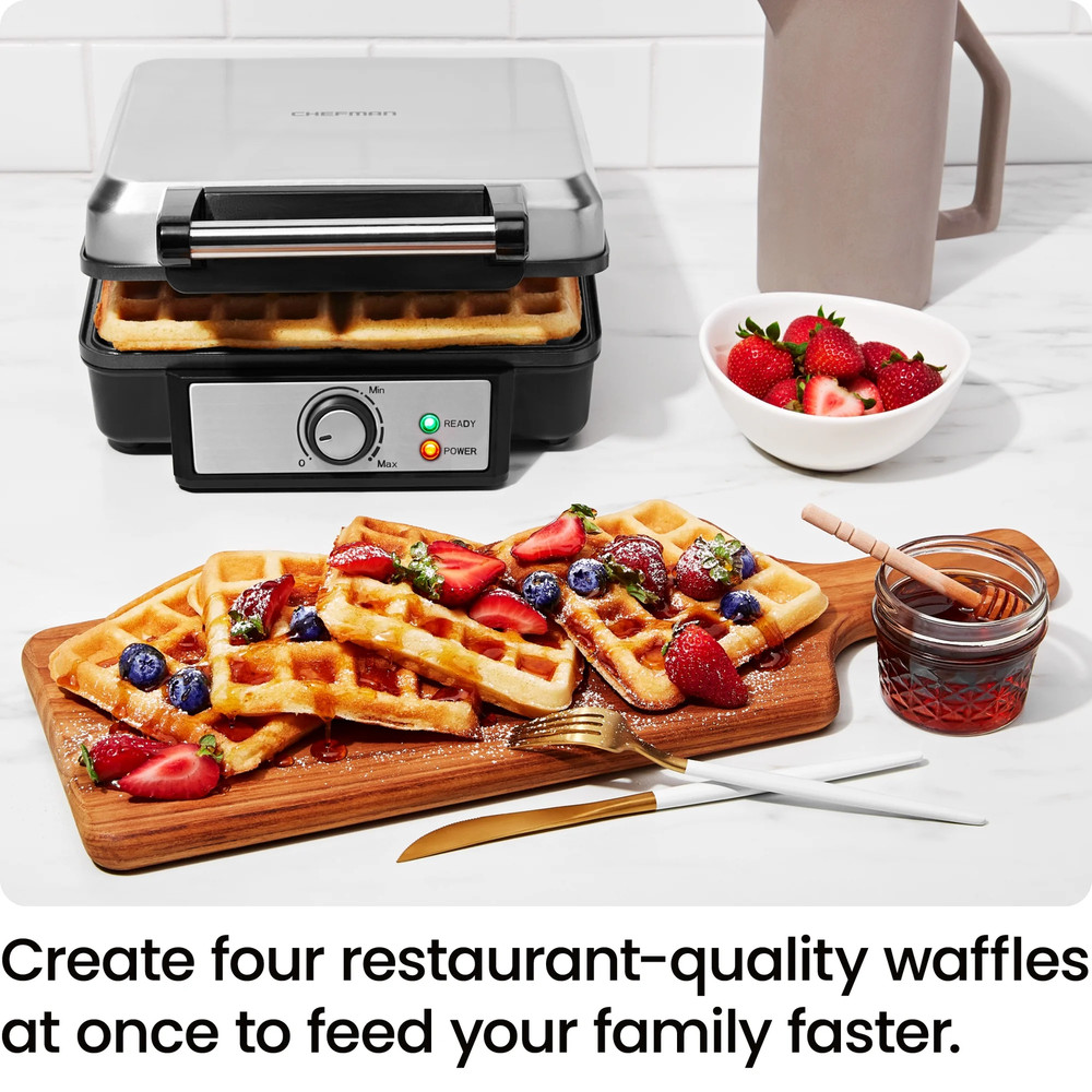 4 Slice Belgian Waffle Maker W/ Adjustable Temperature, Stainless Steel