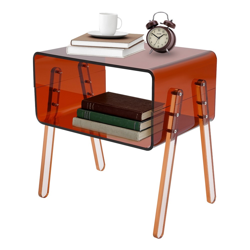 Acrylic Side Table, Brown 2-Tier End Table with Open Storage for Small Spaces