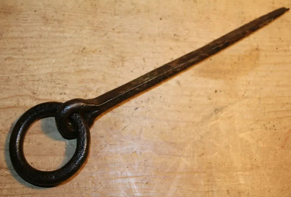 Iron Wrought Antique Tethering Ring on Pin Meat Beam Game Hook