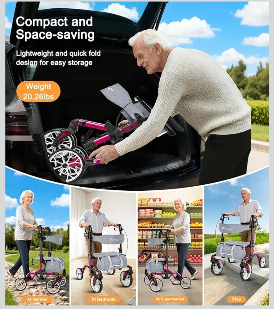 Lightweight Rollator, Foldable Rolling Walker with 4 And Breaks