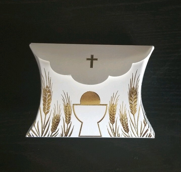 10 First Communion White & Gold Pillow Boxes