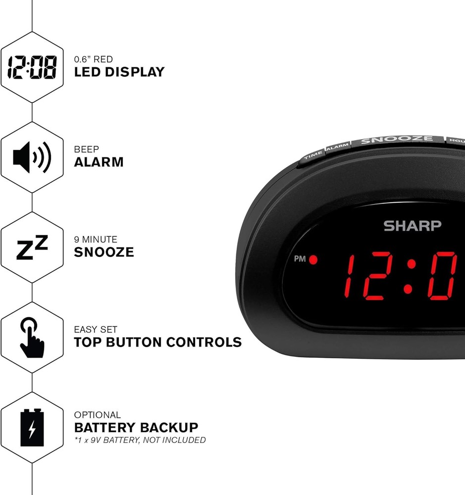 Sharp Small, Space-Saving Digital Alarm Clock – Compact Bedside Black