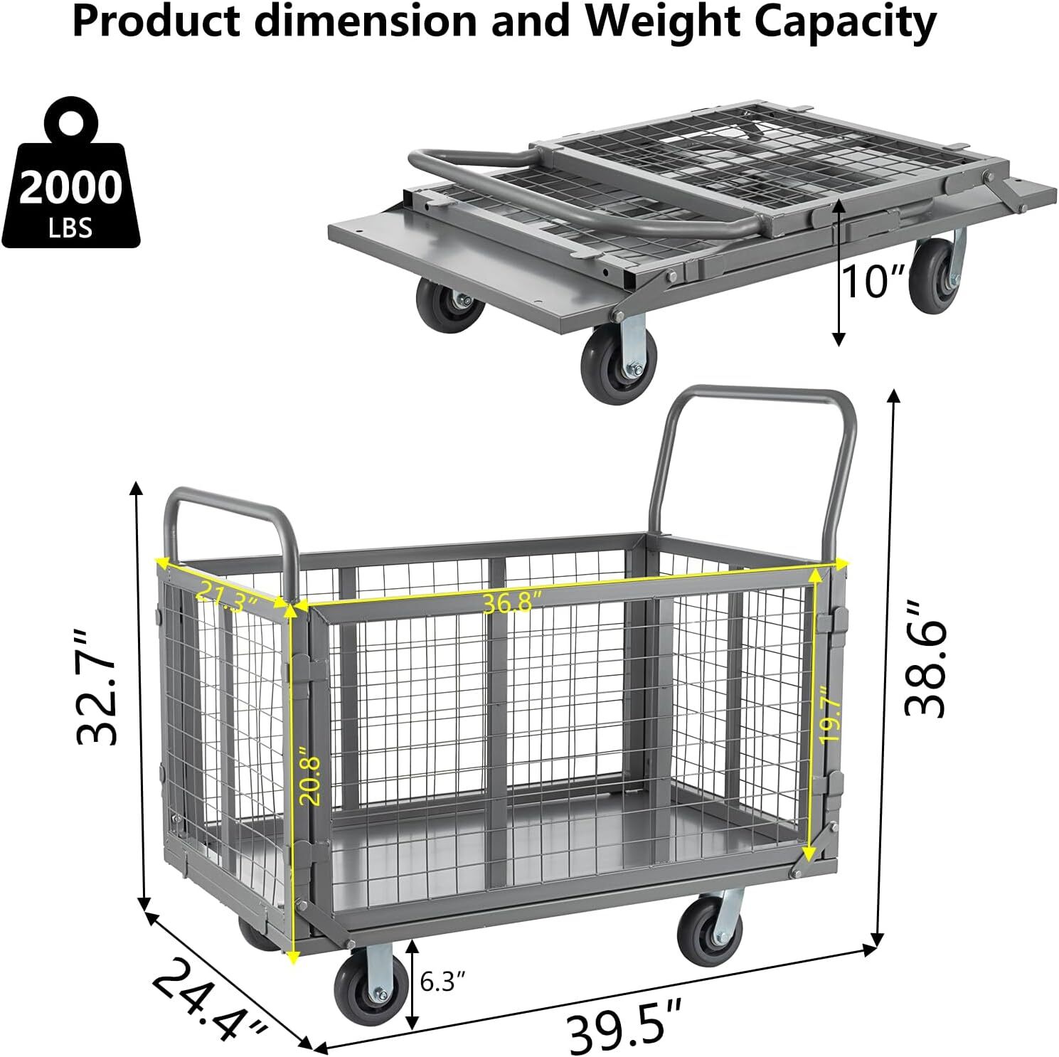 Platform Truck Cart w/ Cage 2000LBS Capacity Folding Hand Truck Dolly