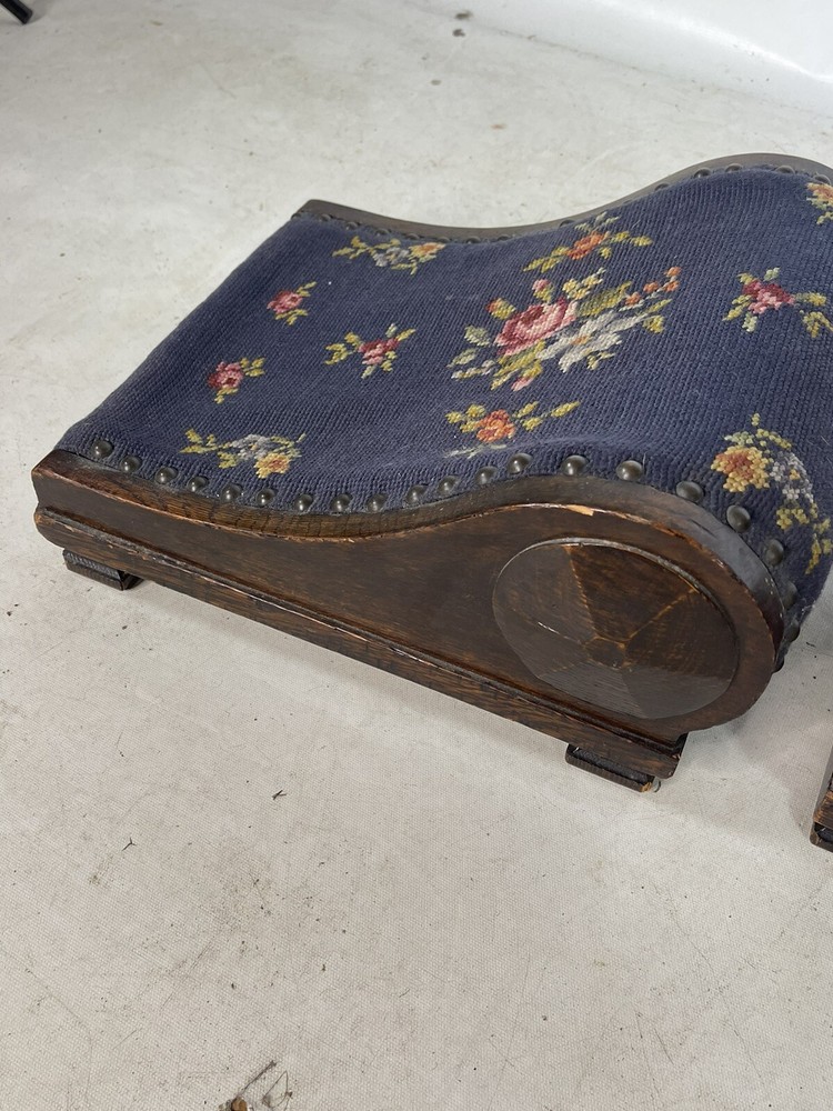 Vintage Needle Point Oak Kneeling Stands