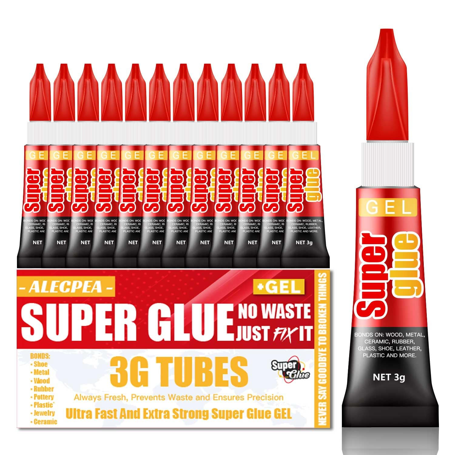3 Gram (Pack of 12) Single Use Super Glue Gel, Super Fast, Thick & Strong Adhes