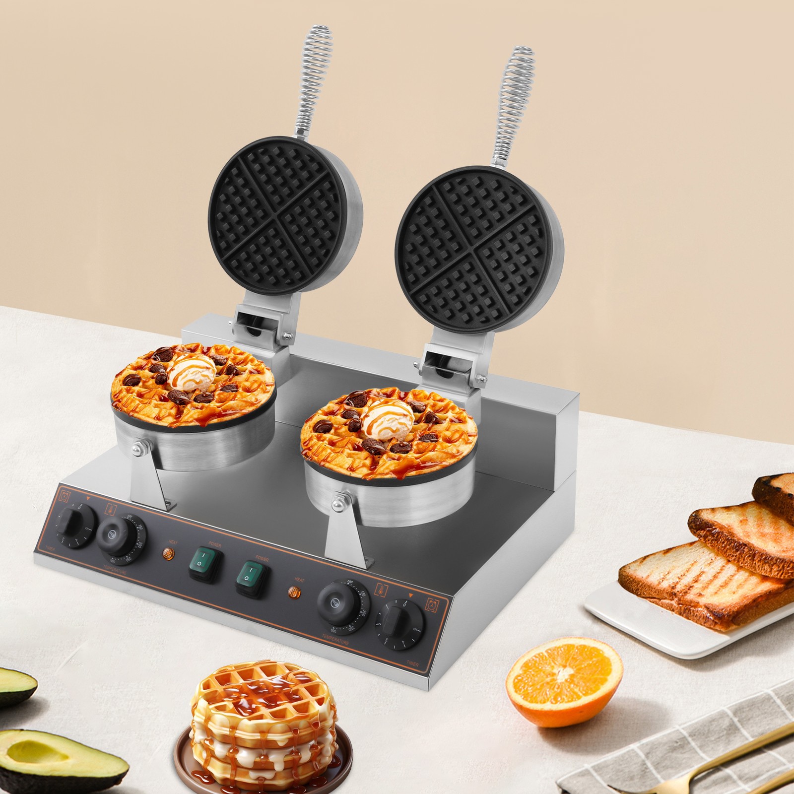 Dual Heating Plates Waffle Maker 2.4kW Adjustable Temp/Time Non-Stick Mold
