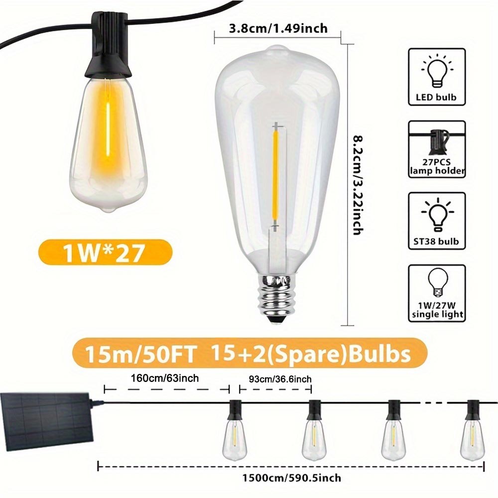 50FT Solar String Lights for Patio Waterproof Outdoor Connectable ST38 LED Light