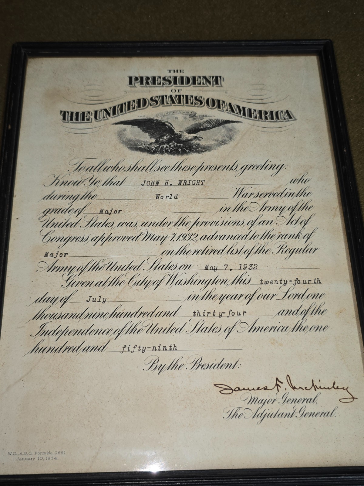 WWI Post WWI Advancement  Certificates Named to John H. Wright