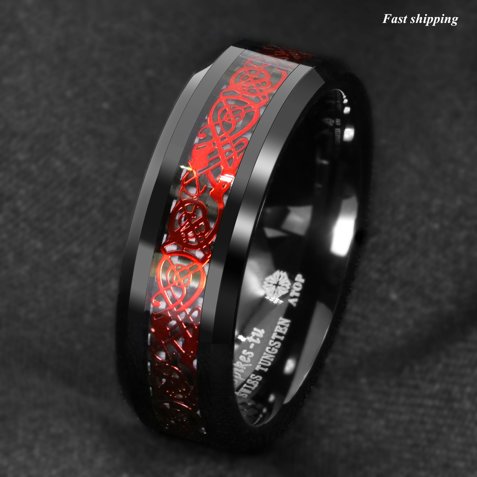 8/6mm Black Tungsten Ring Red Celtic Dragon Black carbon fiber Ring ATOP Jewelry